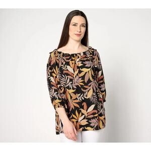 Susan Graver Top Womens 1X Black 3/4 Length Sleeve Resort Beach Boho Tunic Loose